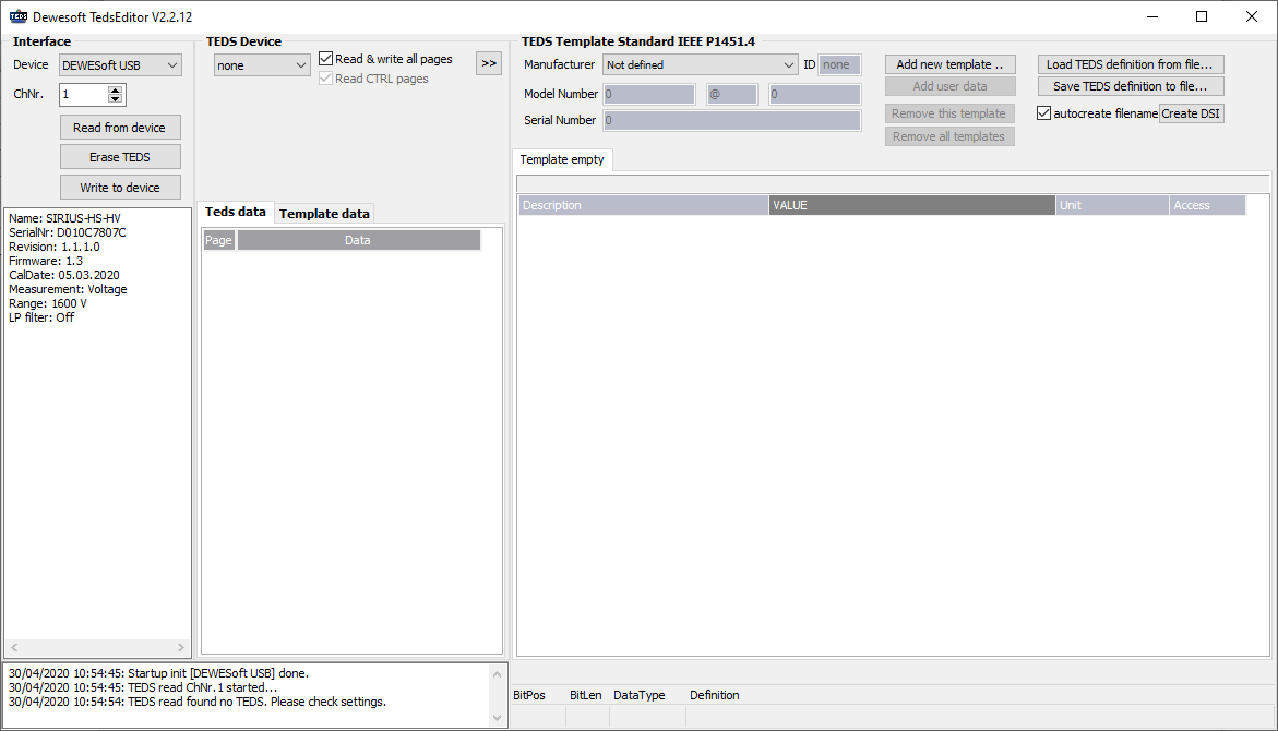Dewesoft TEDS editor software