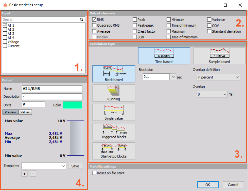 Basic statistics math setup screen in the Dewesoft X data acquisition software
